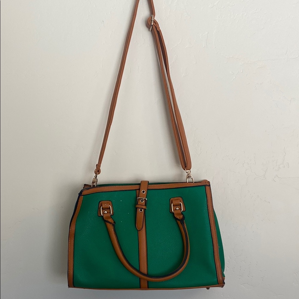 Green and Tan Leather Tote Bag